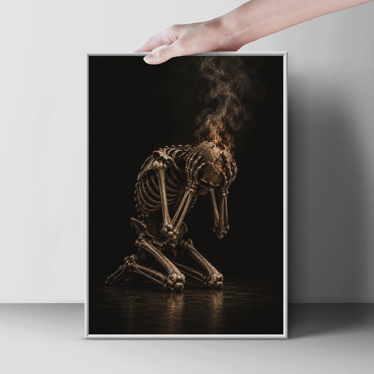 Burning Skull Skeleton Poster, Dark Gothic Wall Art, Moody Bone Figure Print