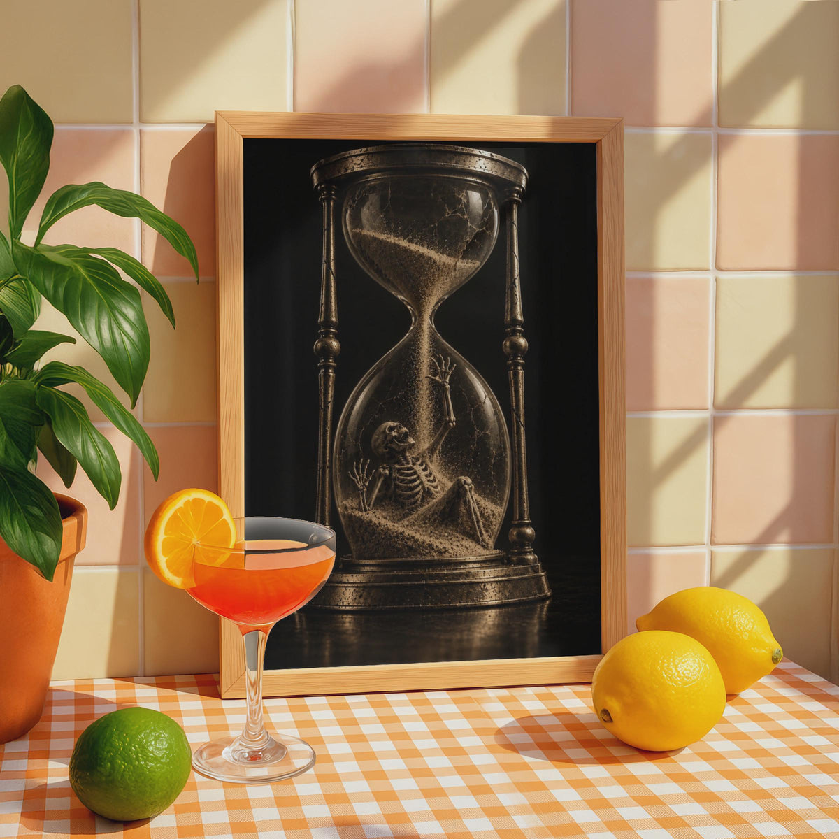 Skeleton Hourglass Poster, Gothic Memento Mori Art, Sepia Vanitas Print