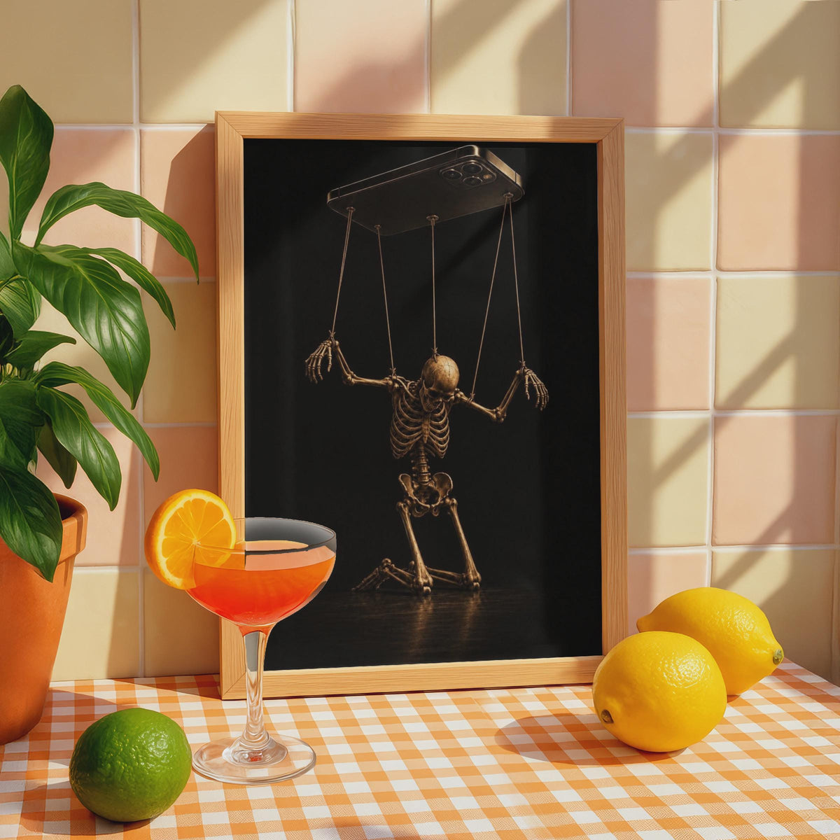Skeleton Puppet Phone Poster, Dark Gold Gothic Wall Art (Printed Poster)