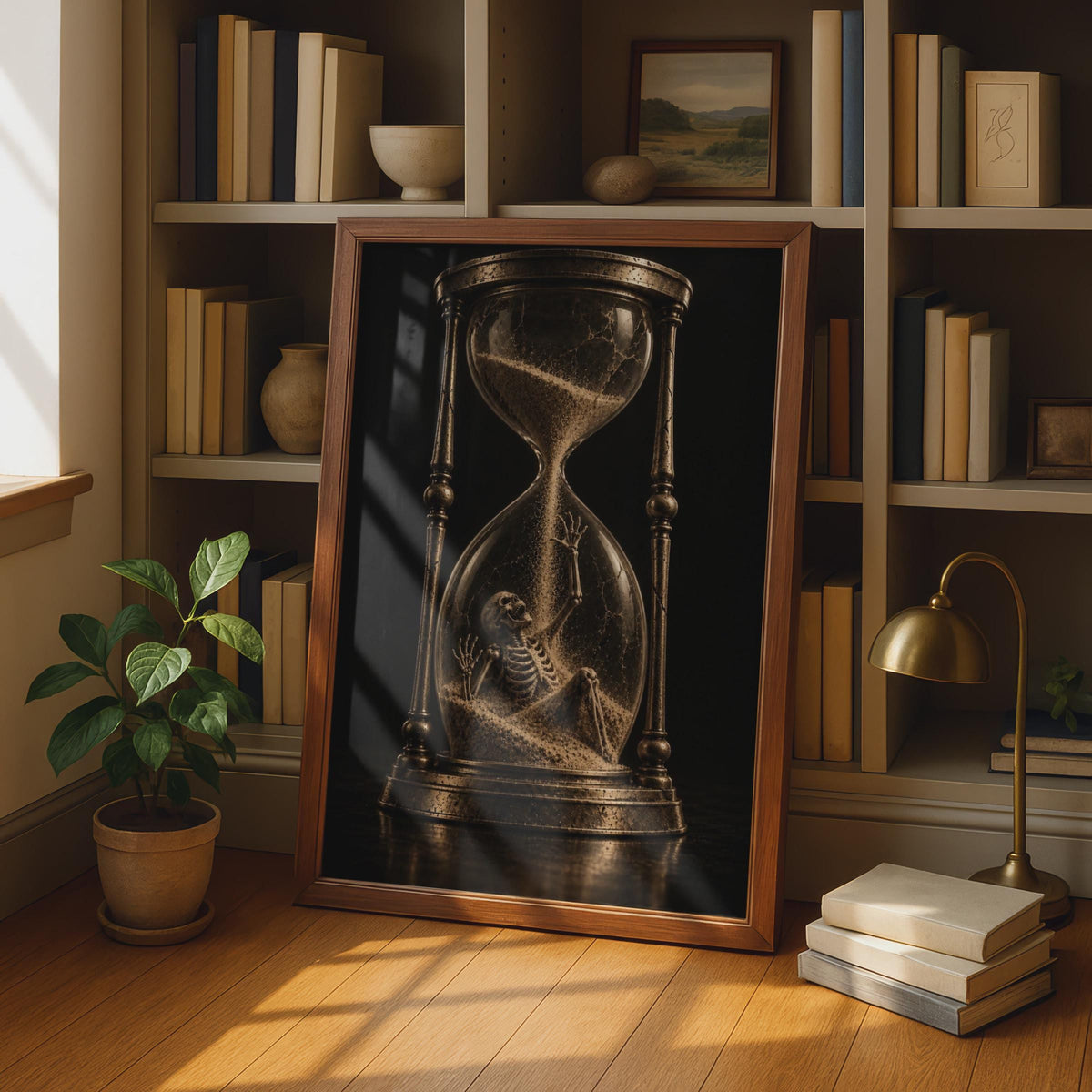 Skeleton Hourglass Poster, Gothic Memento Mori Art, Sepia Vanitas Print