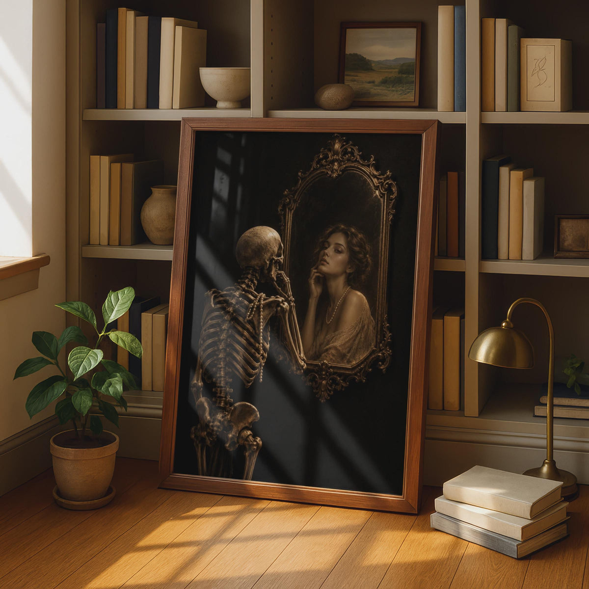 Skeleton Mirror Reflection Poster, Gothic Memento Mori Art, Sepia Gold Baroque Print