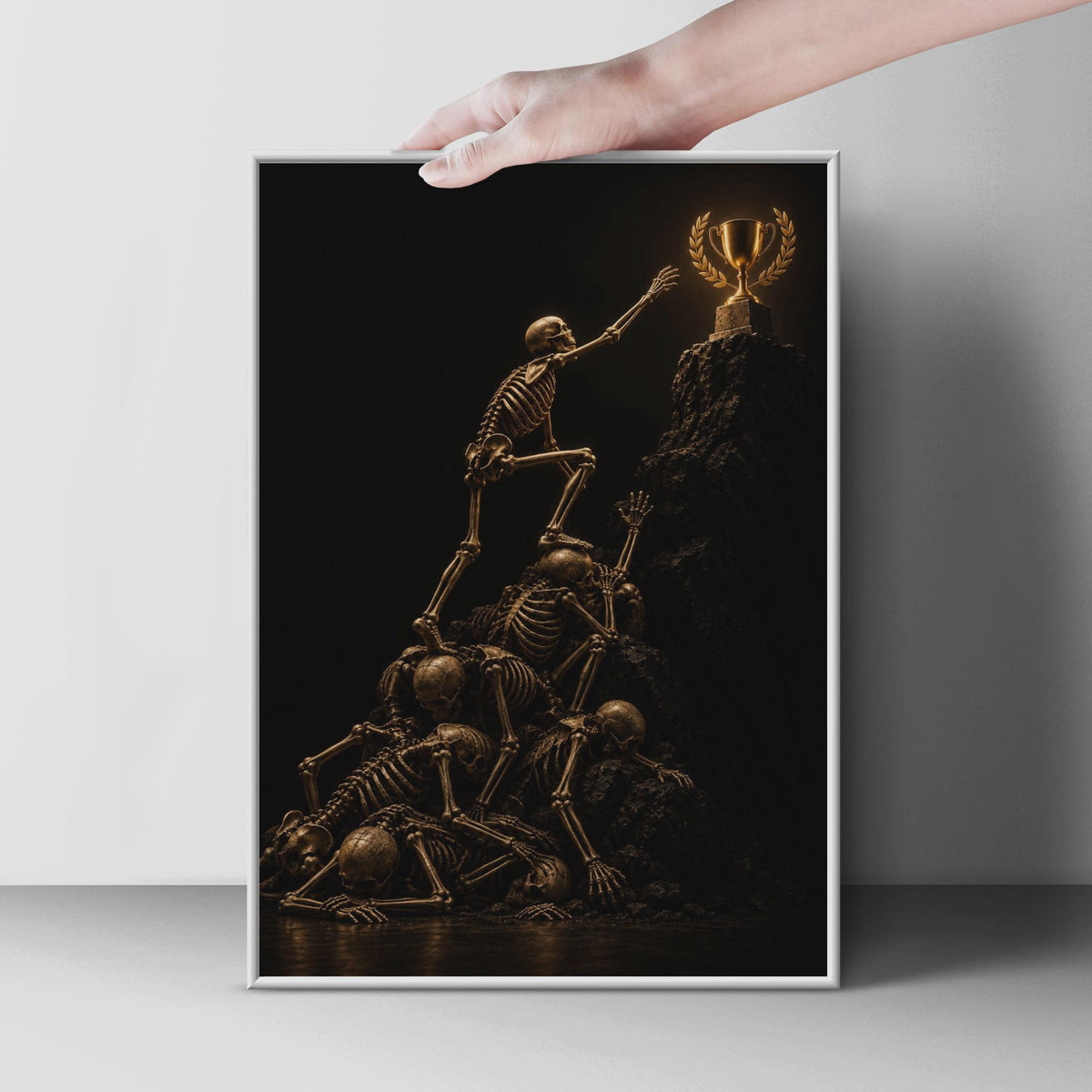 Dark Ambition Poster, Golden Skeletons Climbing for Trophy, Gothic Motivational Art
