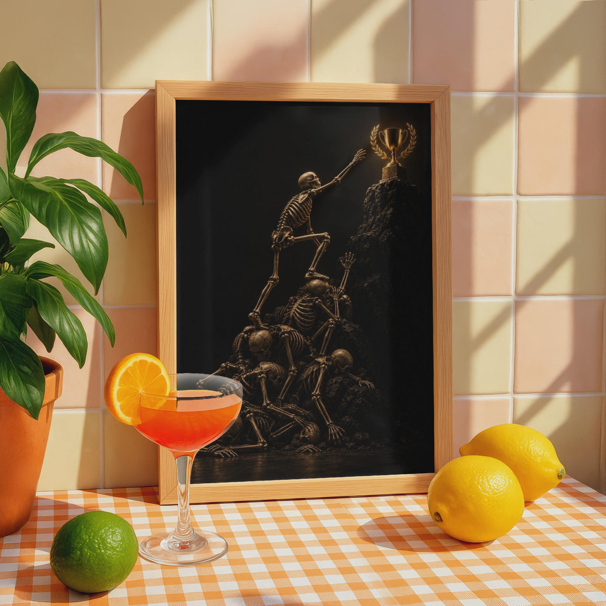 Dark Ambition Poster, Golden Skeletons Climbing for Trophy, Gothic Motivational Art