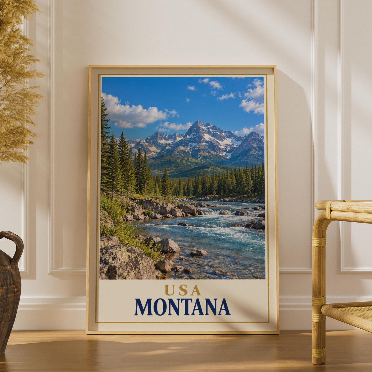 Montana Travel Poster, Rocky Mountain River Landscape, Pine Forest Wall Art (Physical Print)