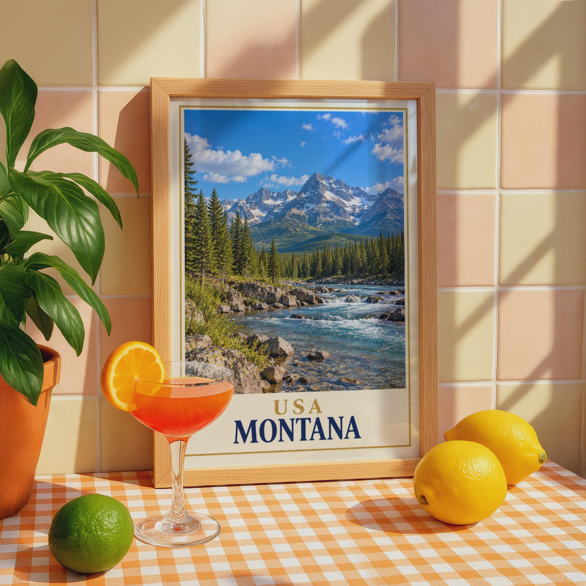Montana Travel Poster, Rocky Mountain River Landscape, Pine Forest Wall Art (Physical Print)