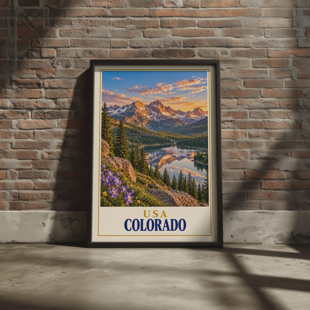 Colorado Rocky Mountain Sunset Print, Alpine Lake Wildflowers, Retro Travel Poster (Physical Print)