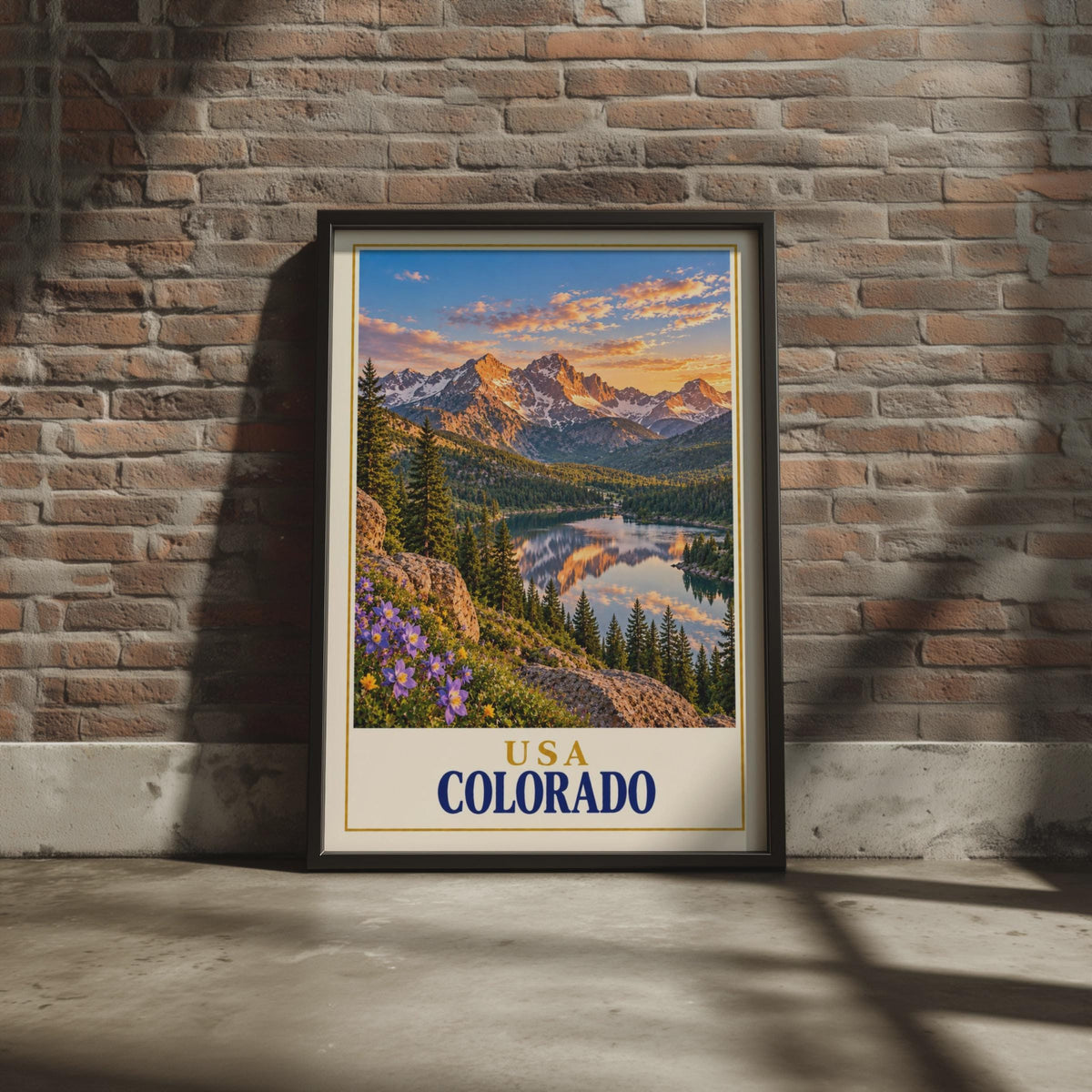 Colorado Rocky Mountain Sunset Print, Alpine Lake Wildflowers, Retro Travel Poster (Physical Print)