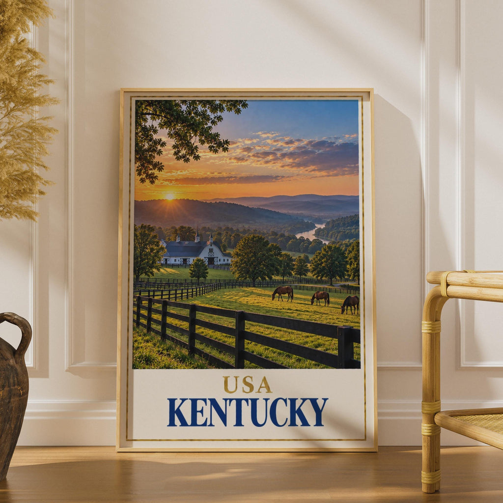 Kentucky Travel Poster, Horse Farm Sunset, Bluegrass State Barn Landscape Print