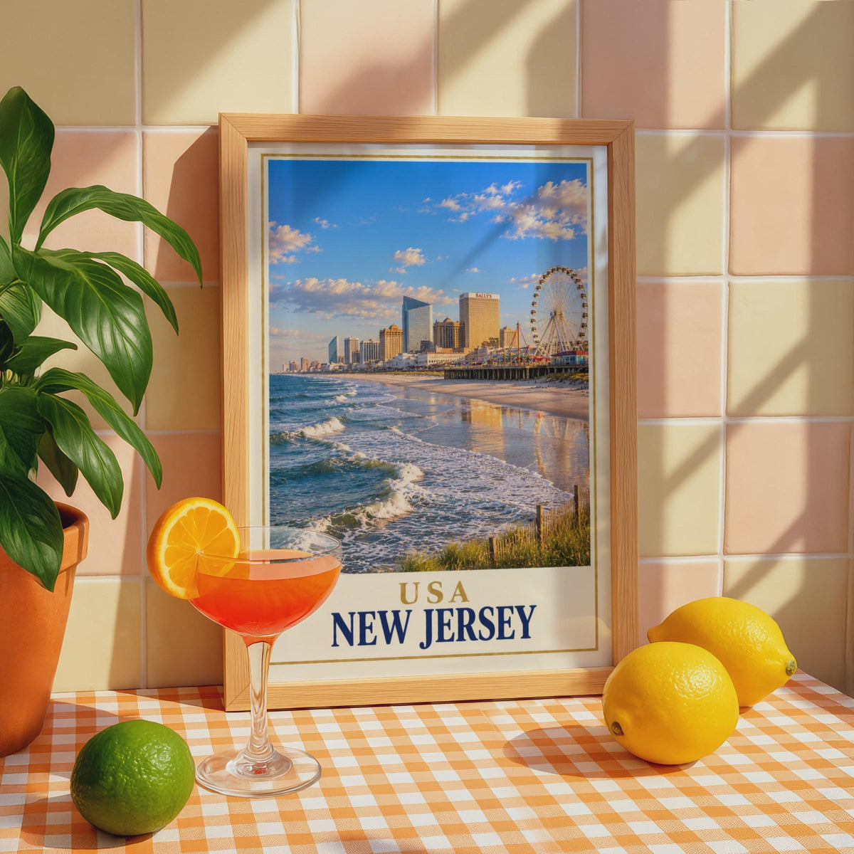 New Jersey Atlantic City Travel Poster, Boardwalk Skyline, Ferris Wheel (Printed)