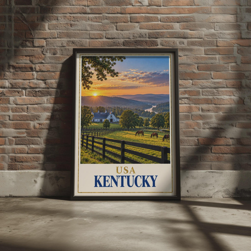 Kentucky Travel Poster, Horse Farm Sunset, Bluegrass State Barn Landscape Print