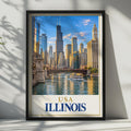 Chicago River Skyline Poster, Willis Tower, Vintage Style Wall Art (Printed)