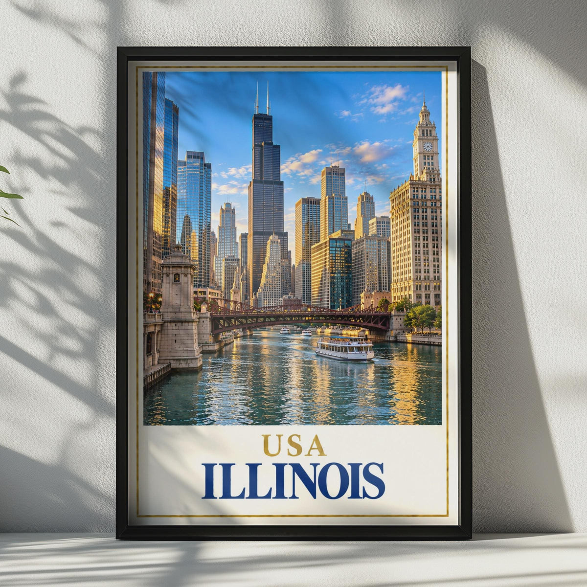 Chicago River Skyline Poster, Willis Tower, Vintage Style Wall Art (Printed)