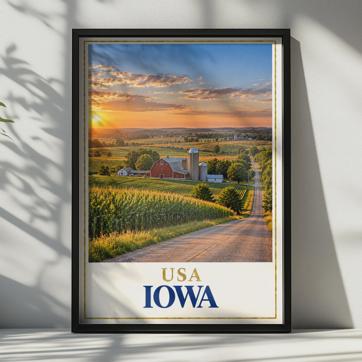 Iowa USA Travel Poster, Red Barn Cornfield Sunset, Midwest Farmland Print
