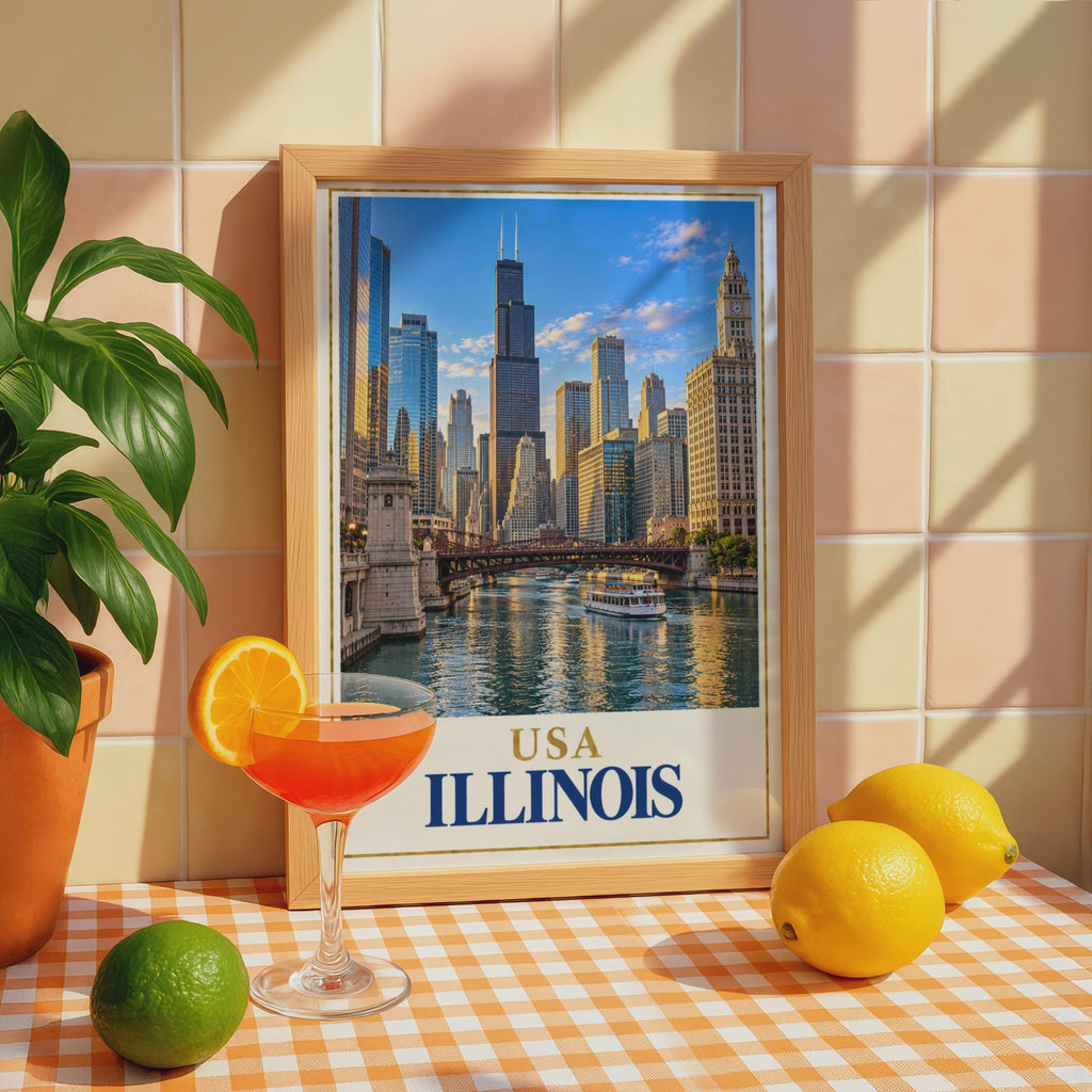 Chicago River Skyline Poster, Willis Tower, Vintage Style Wall Art (Printed)