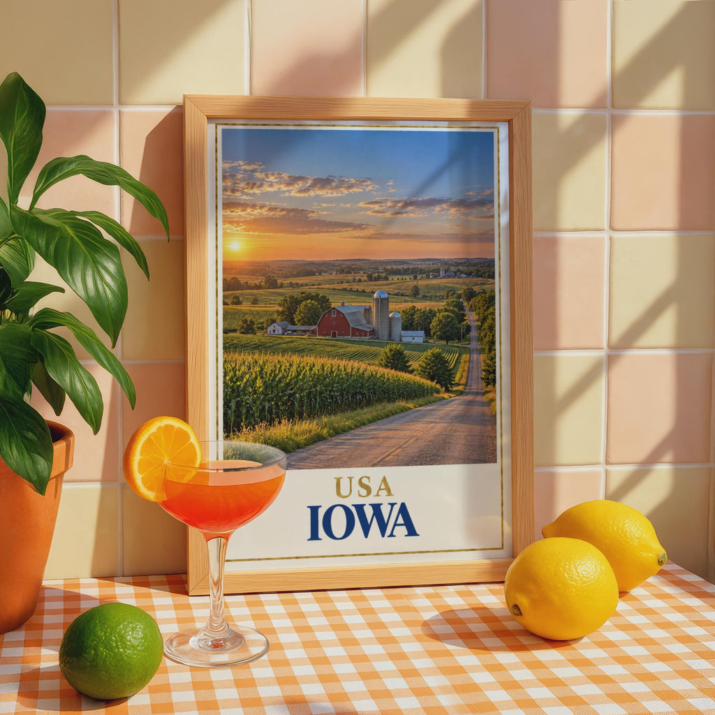 Iowa USA Travel Poster, Red Barn Cornfield Sunset, Midwest Farmland Print