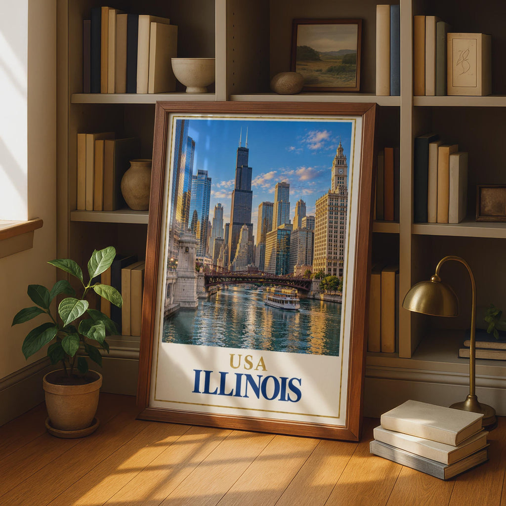 Chicago River Skyline Poster, Willis Tower, Vintage Style Wall Art (Printed)