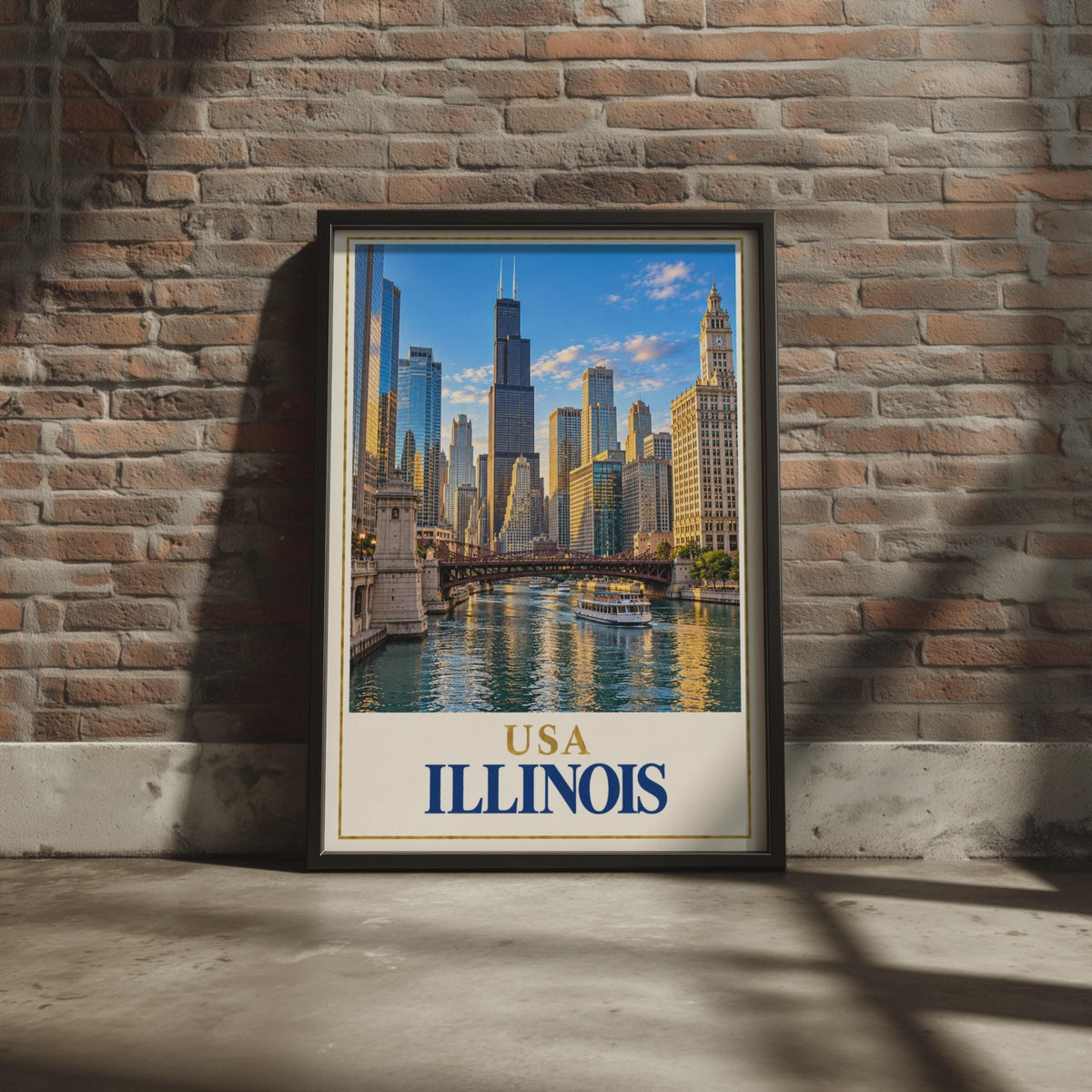 Chicago River Skyline Poster, Willis Tower, Vintage Style Wall Art (Printed)