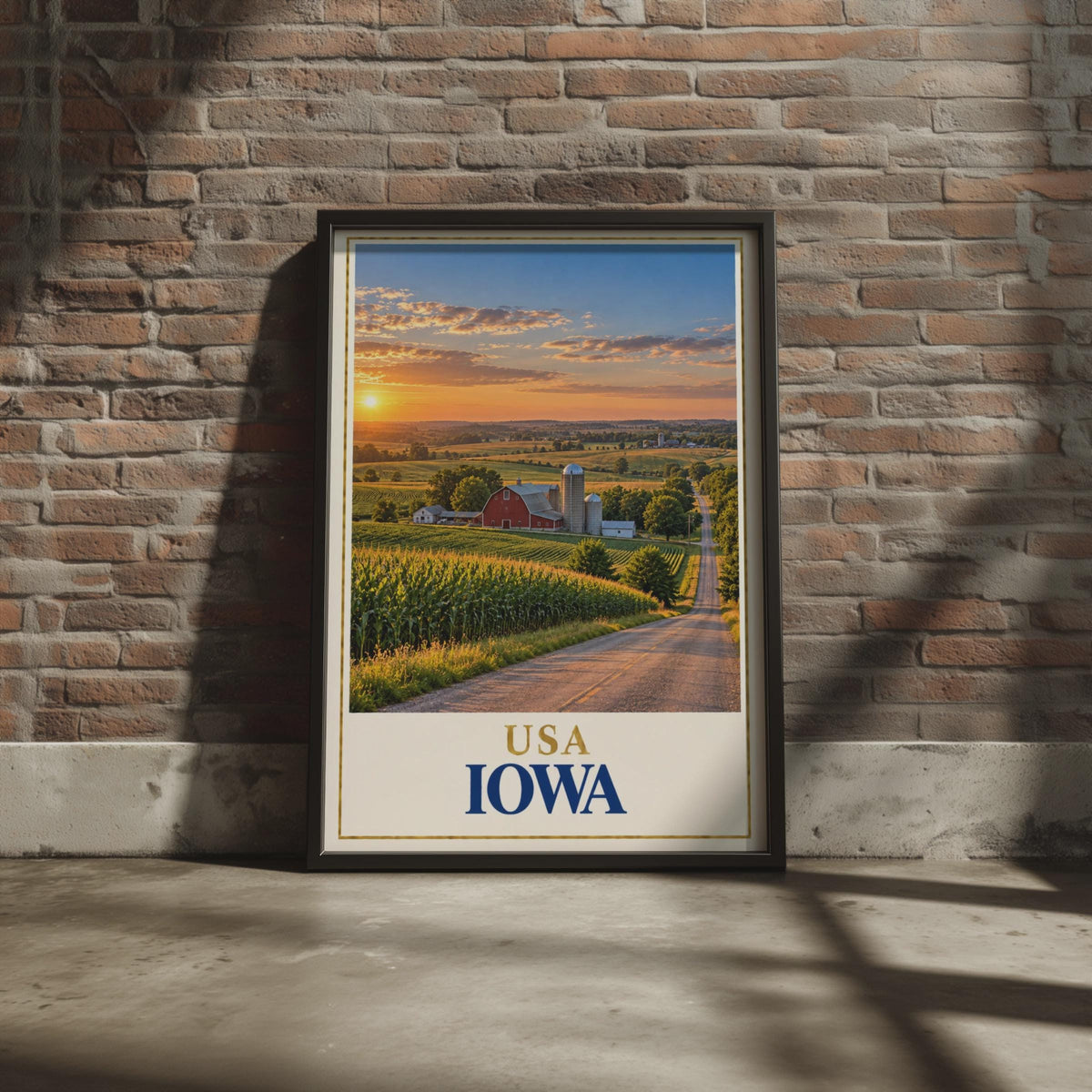 Iowa USA Travel Poster, Red Barn Cornfield Sunset, Midwest Farmland Print
