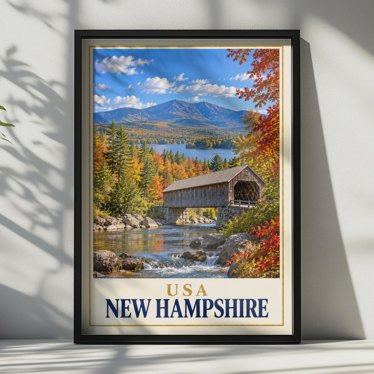 New Hampshire Travel Poster, Covered Bridge Autumn Foliage, Mountain Lake Print (Physical)