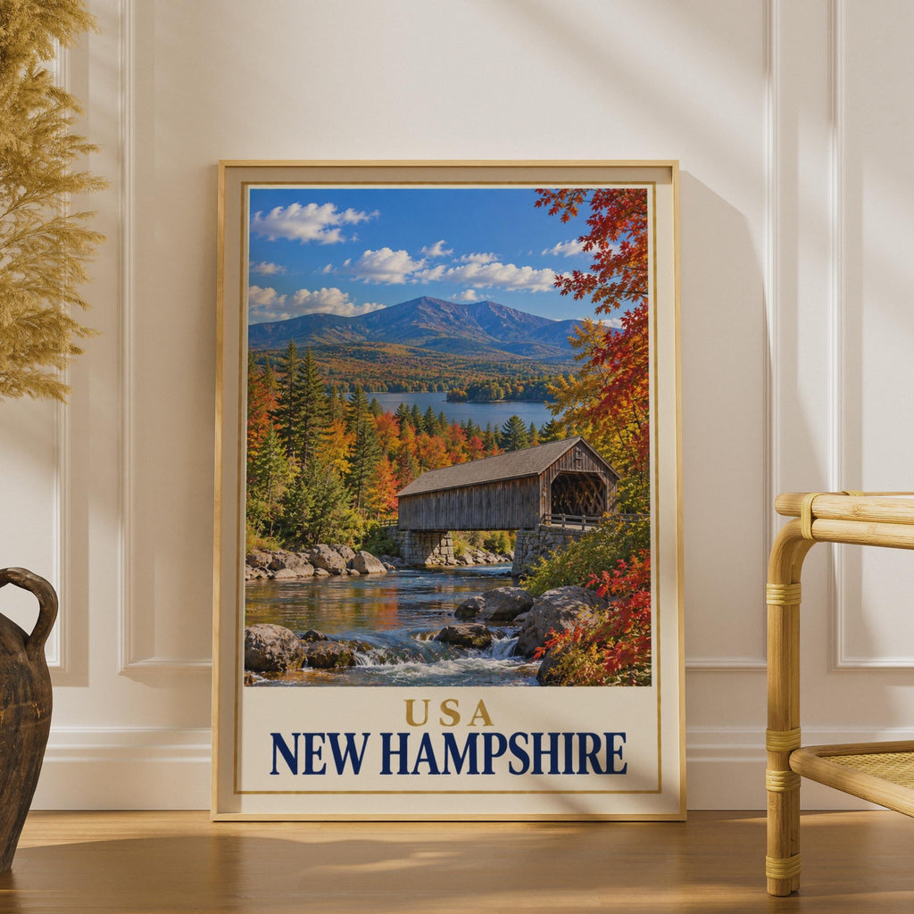 New Hampshire Travel Poster, Covered Bridge Autumn Foliage, Mountain Lake Print (Physical)