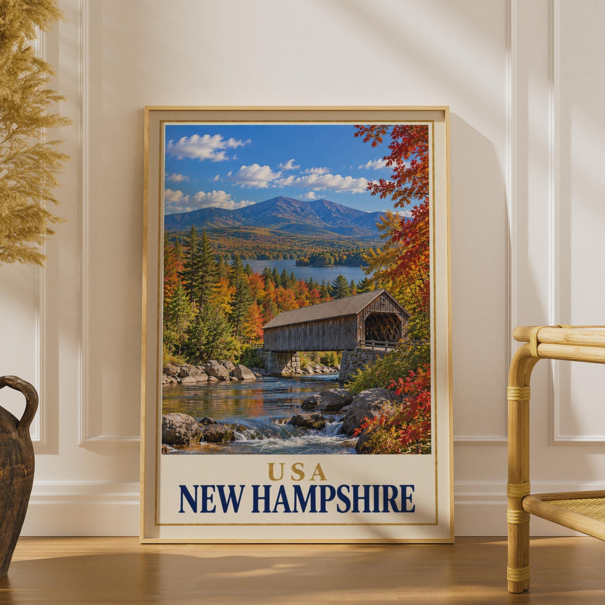 New Hampshire Travel Poster, Covered Bridge Autumn Foliage, Mountain Lake Print (Physical)