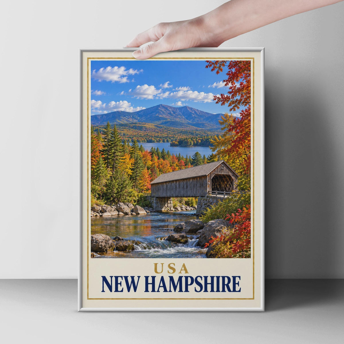 New Hampshire Travel Poster, Covered Bridge Autumn Foliage, Mountain Lake Print (Physical)