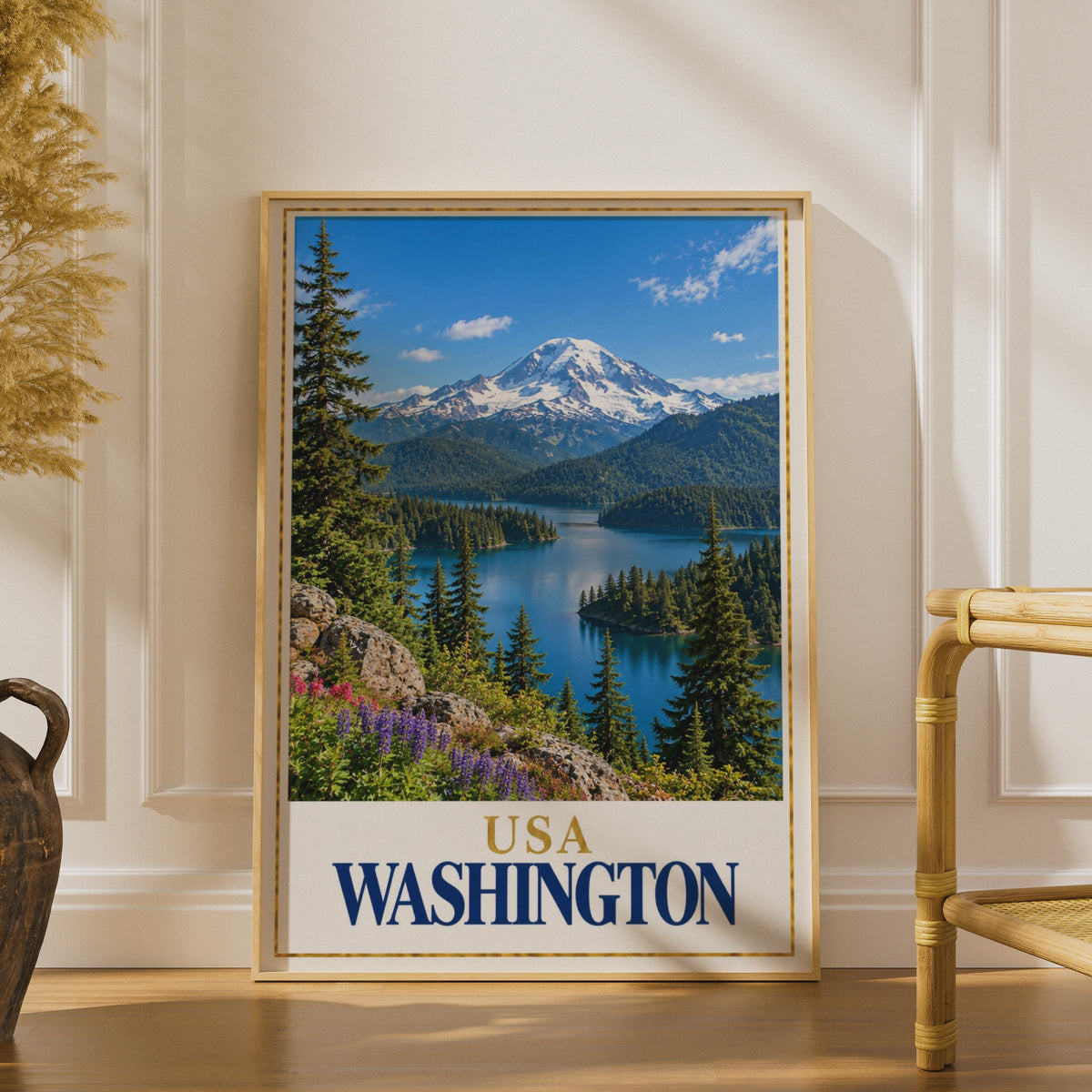 Washington State Travel Poster, Mount Rainier Lake Landscape Print (Physical)