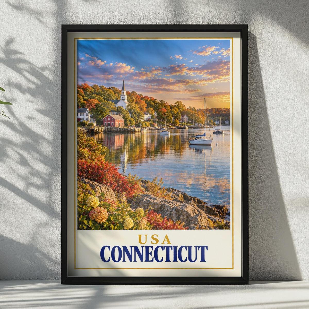 Connecticut USA Travel Poster, New England Harbour Sunset, Sailboat Church Coastal Art (Print)