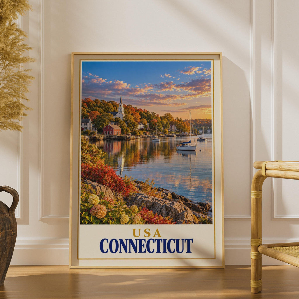 Connecticut USA Travel Poster, New England Harbour Sunset, Sailboat Church Coastal Art (Print)