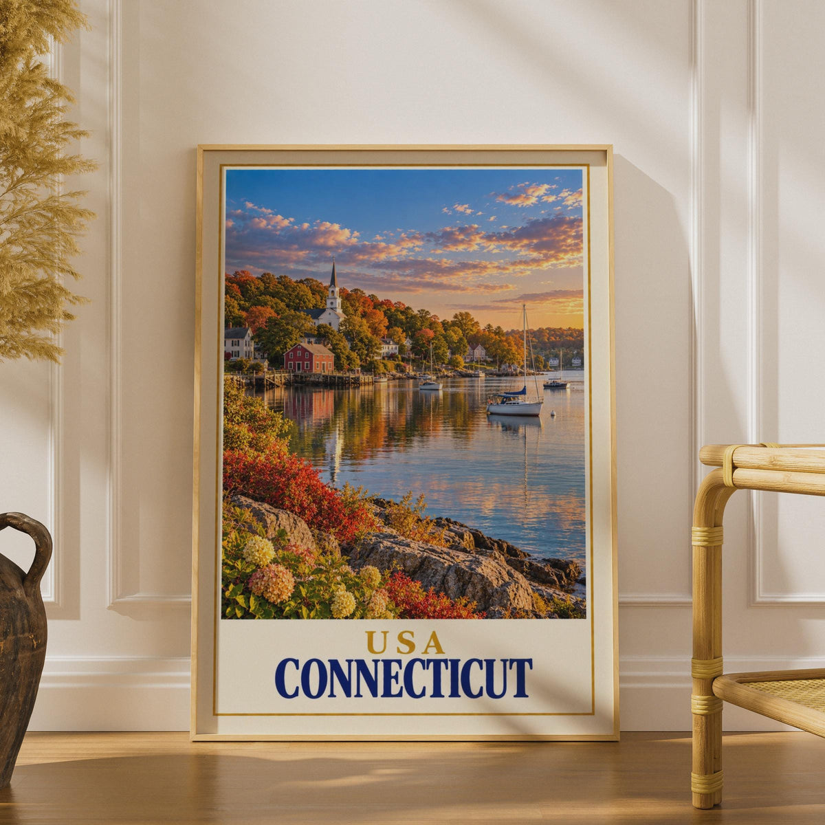 Connecticut USA Travel Poster, New England Harbour Sunset, Sailboat Church Coastal Art (Print)