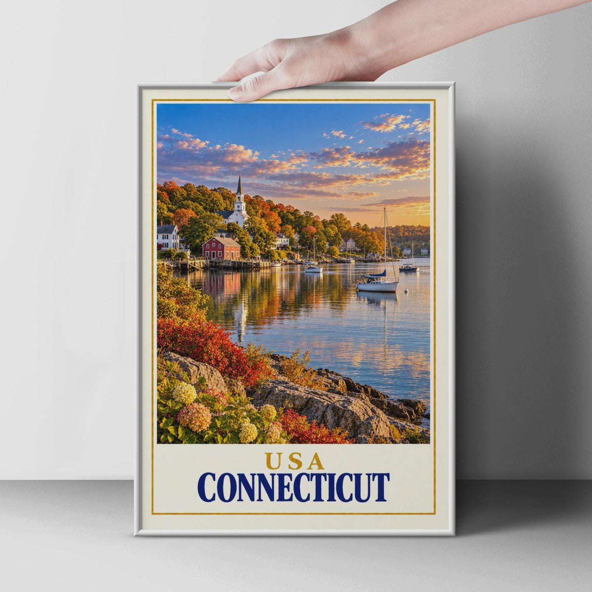 Connecticut USA Travel Poster, New England Harbour Sunset, Sailboat Church Coastal Art (Print)