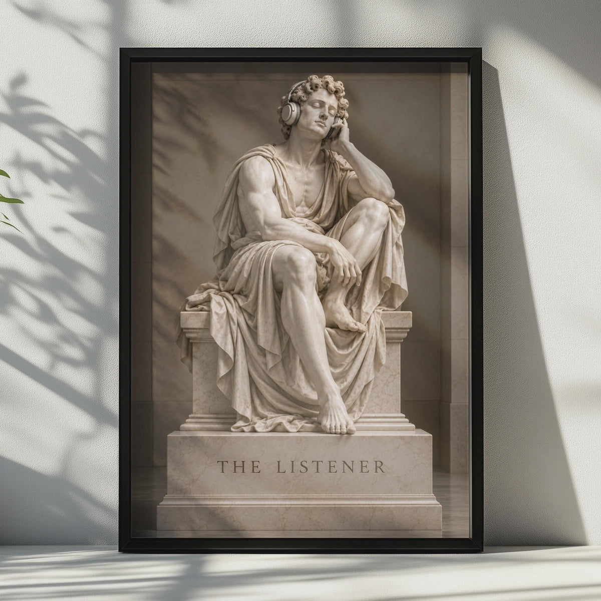The Listener Greek Statue Poster, Classical Marble Sculpture with Headphones, Neoclassical Music Art Print