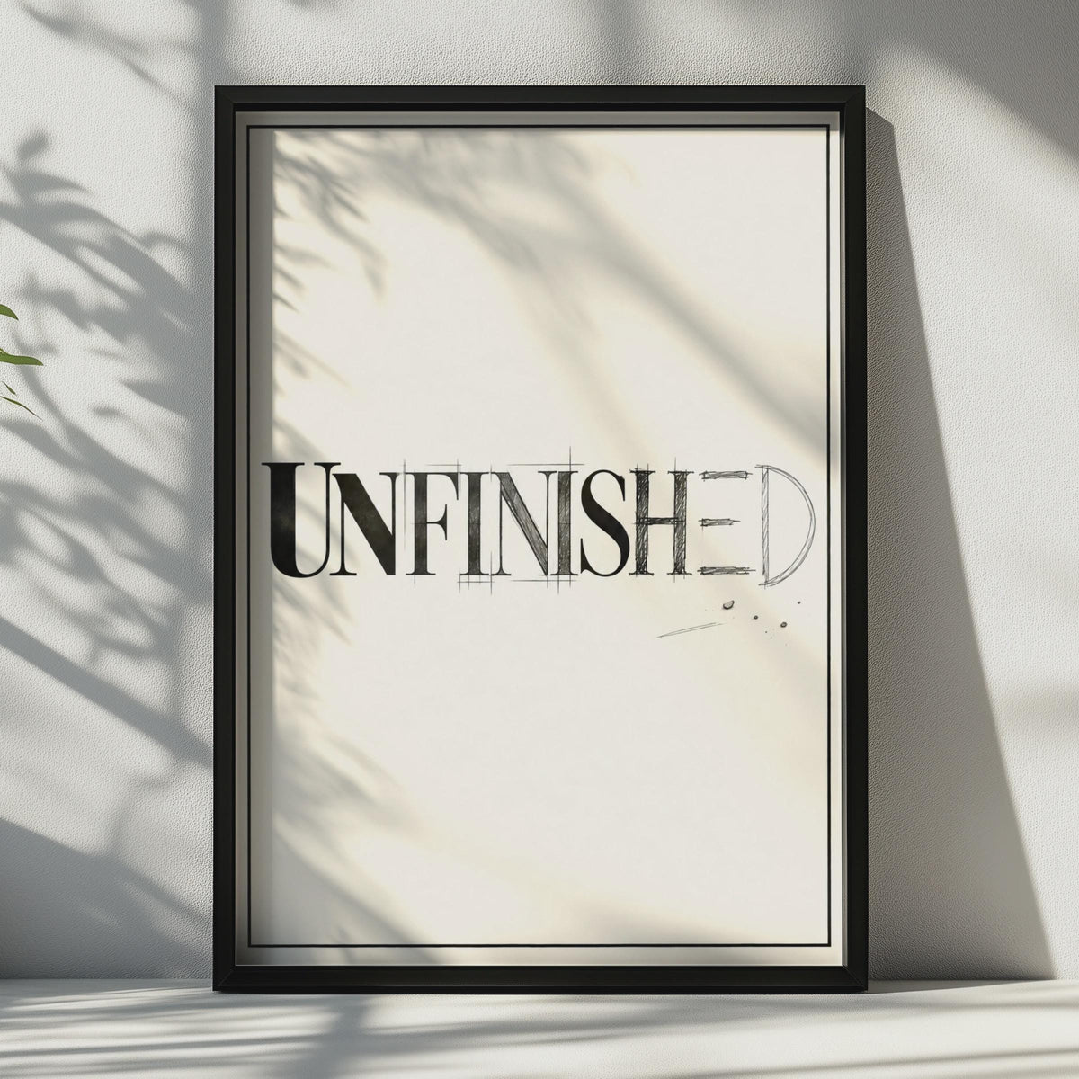 Unfinished Typography Poster, Minimalist Black White Word Art Print, Creative Studio Wall Decor