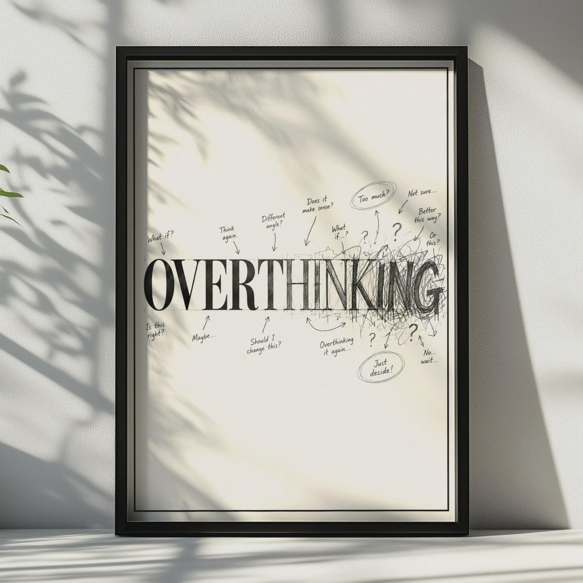 Funny Overthinking Poster, Black White Typography Print, Mental Health Humor Wall Art