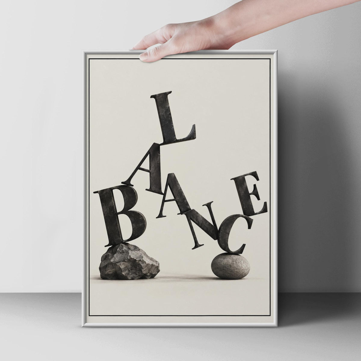 3D Typography Poster, Balance Word Art, Monochrome Stone Wall Decor