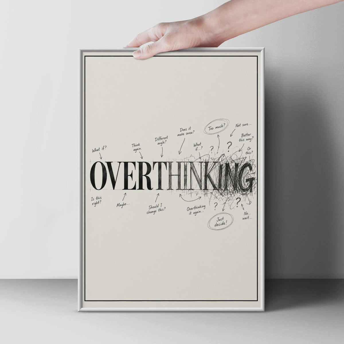 Funny Overthinking Poster, Black White Typography Print, Mental Health Humor Wall Art