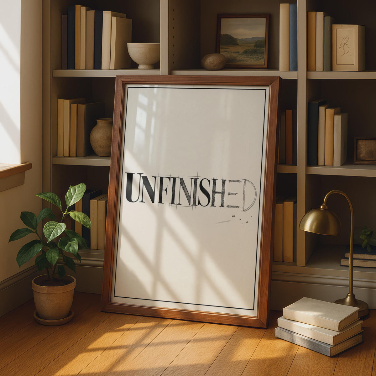 Unfinished Typography Poster, Minimalist Black White Word Art Print, Creative Studio Wall Decor