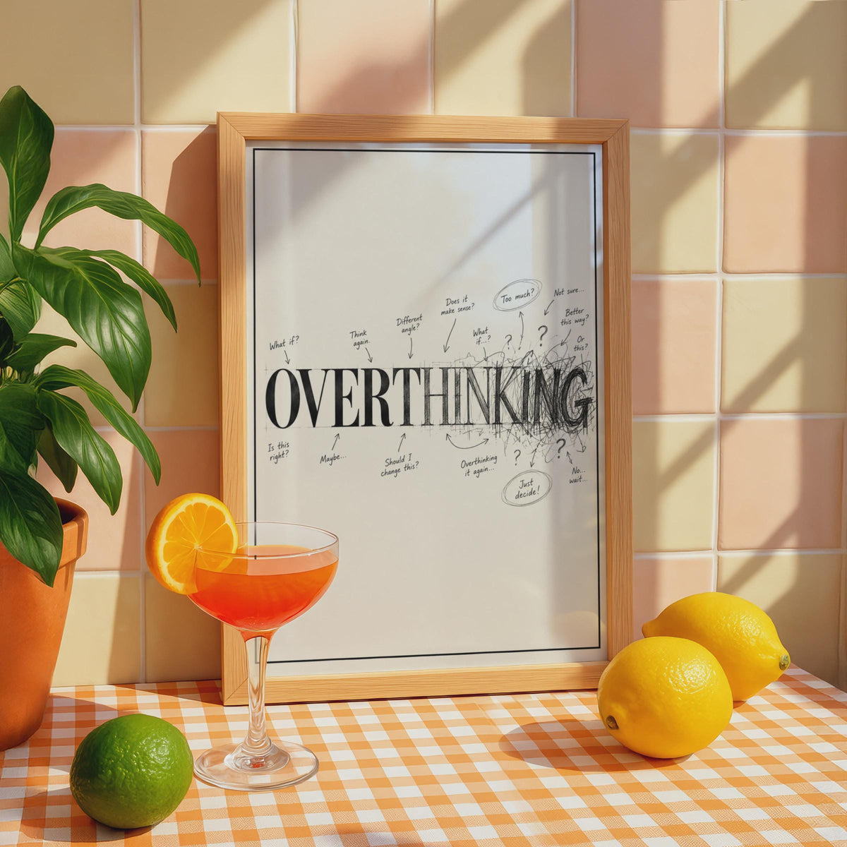 Funny Overthinking Poster, Black White Typography Print, Mental Health Humor Wall Art