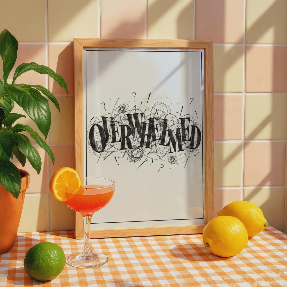 Overwhelmed Typography Poster, Black and White Expressive Wall Art, Chaotic Scribble Print (Physical Poster)