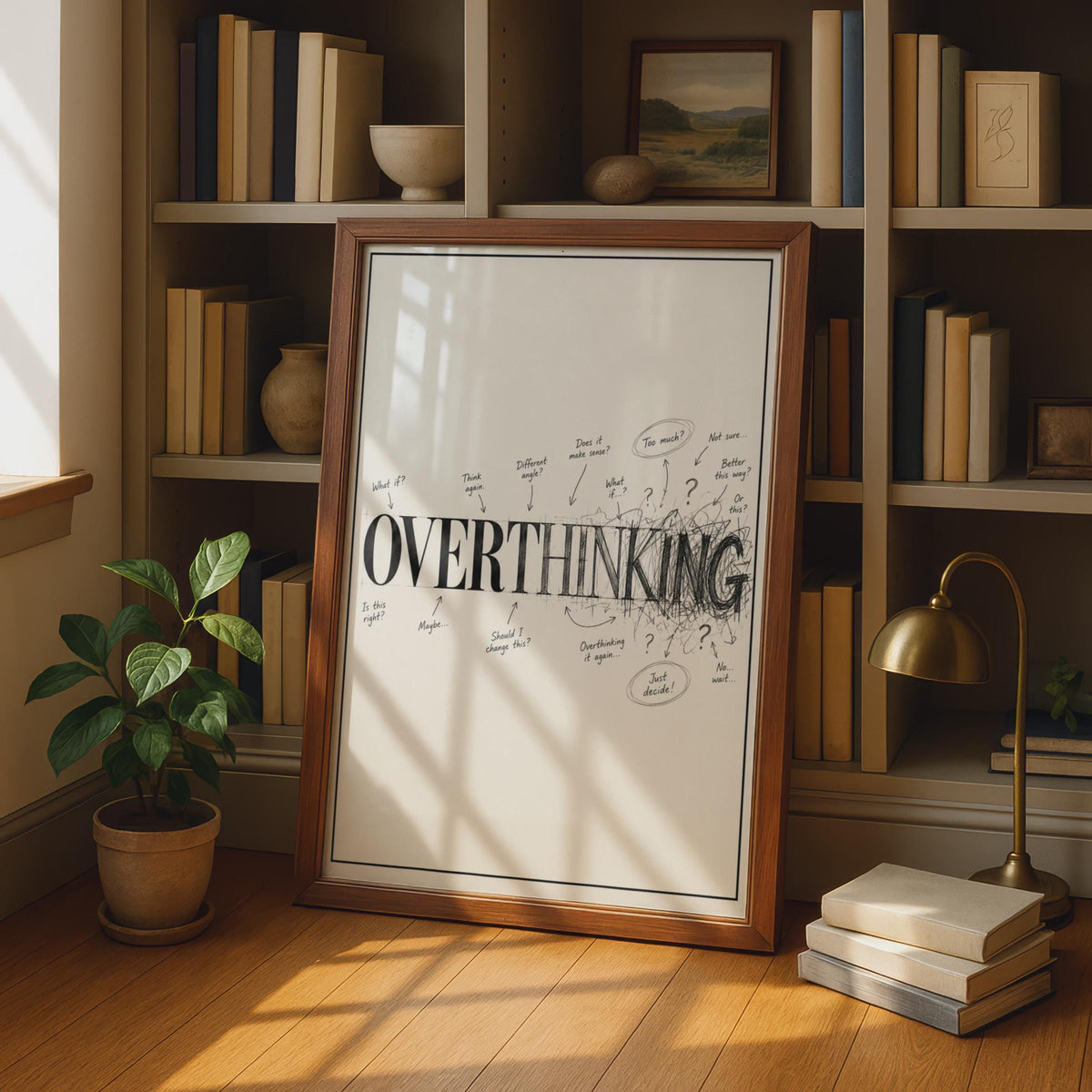 Funny Overthinking Poster, Black White Typography Print, Mental Health Humor Wall Art