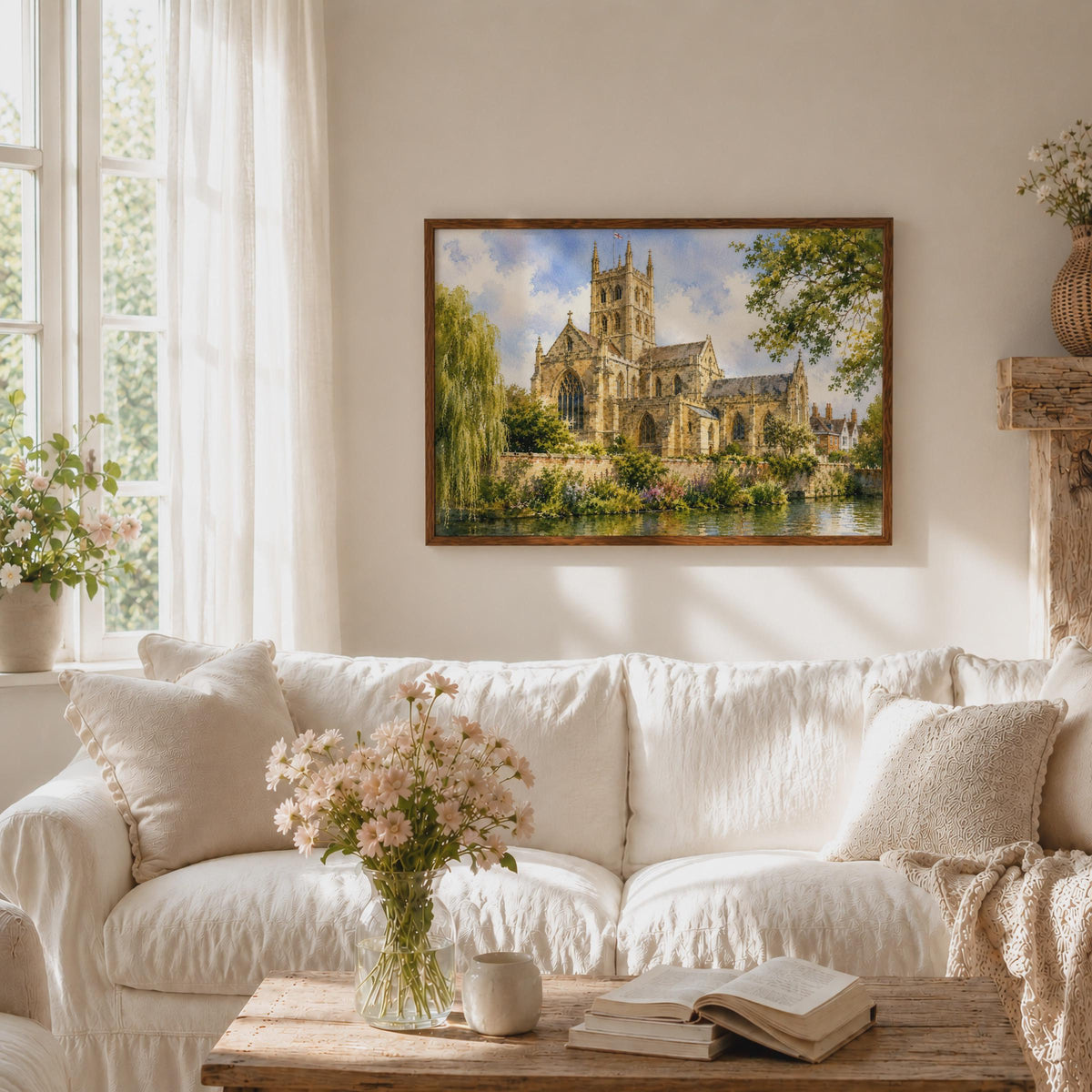 Pershore Abbey Watercolour Print, Medieval Church, Riverside Countryside (240gsm Matte)