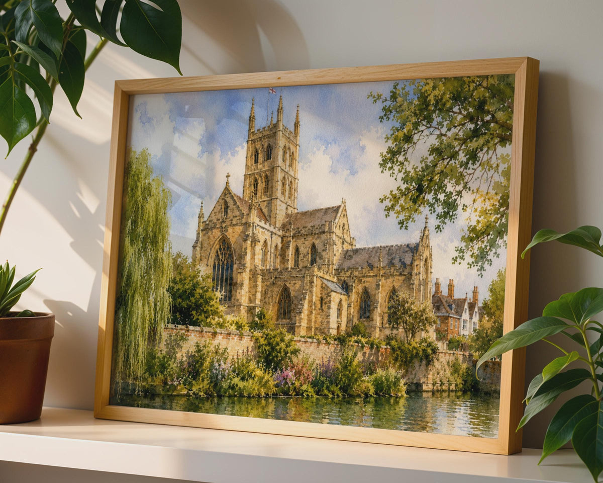 Pershore Abbey Watercolour Print, Medieval Church, Riverside Countryside (240gsm Matte)