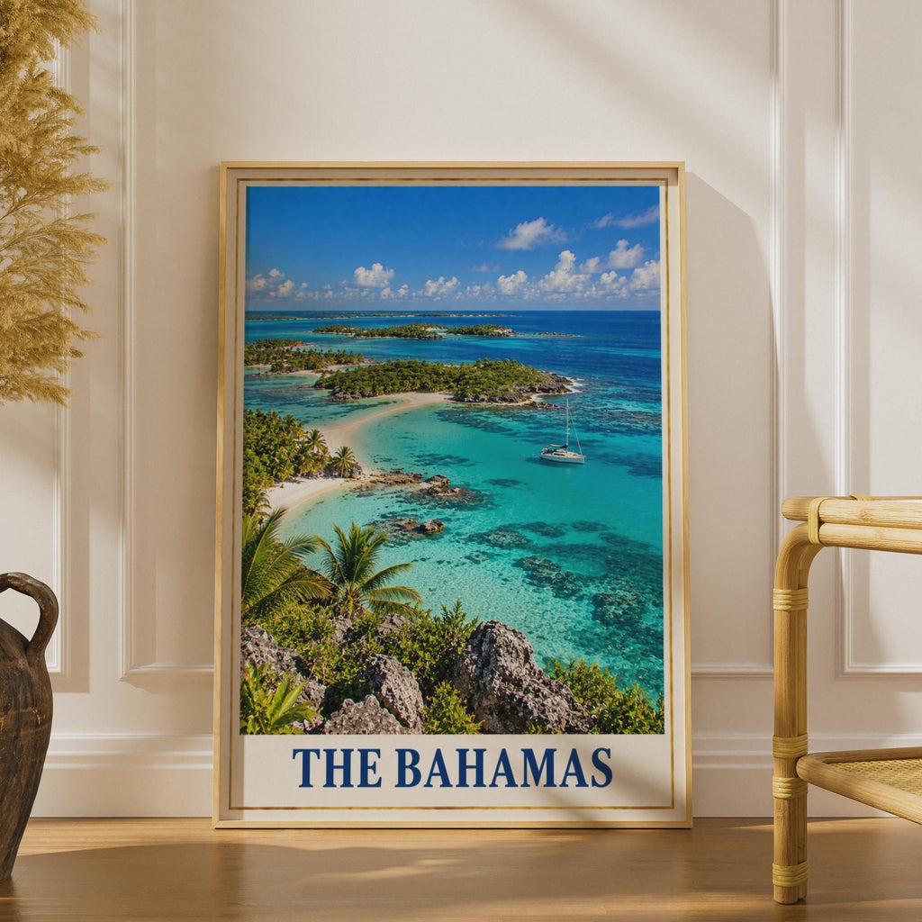 The Bahamas Travel Poster, Caribbean Island Wall Art, Tropical Beach Print, Turquoise Sea, Palm Tree Coastal Decor, Sailing H