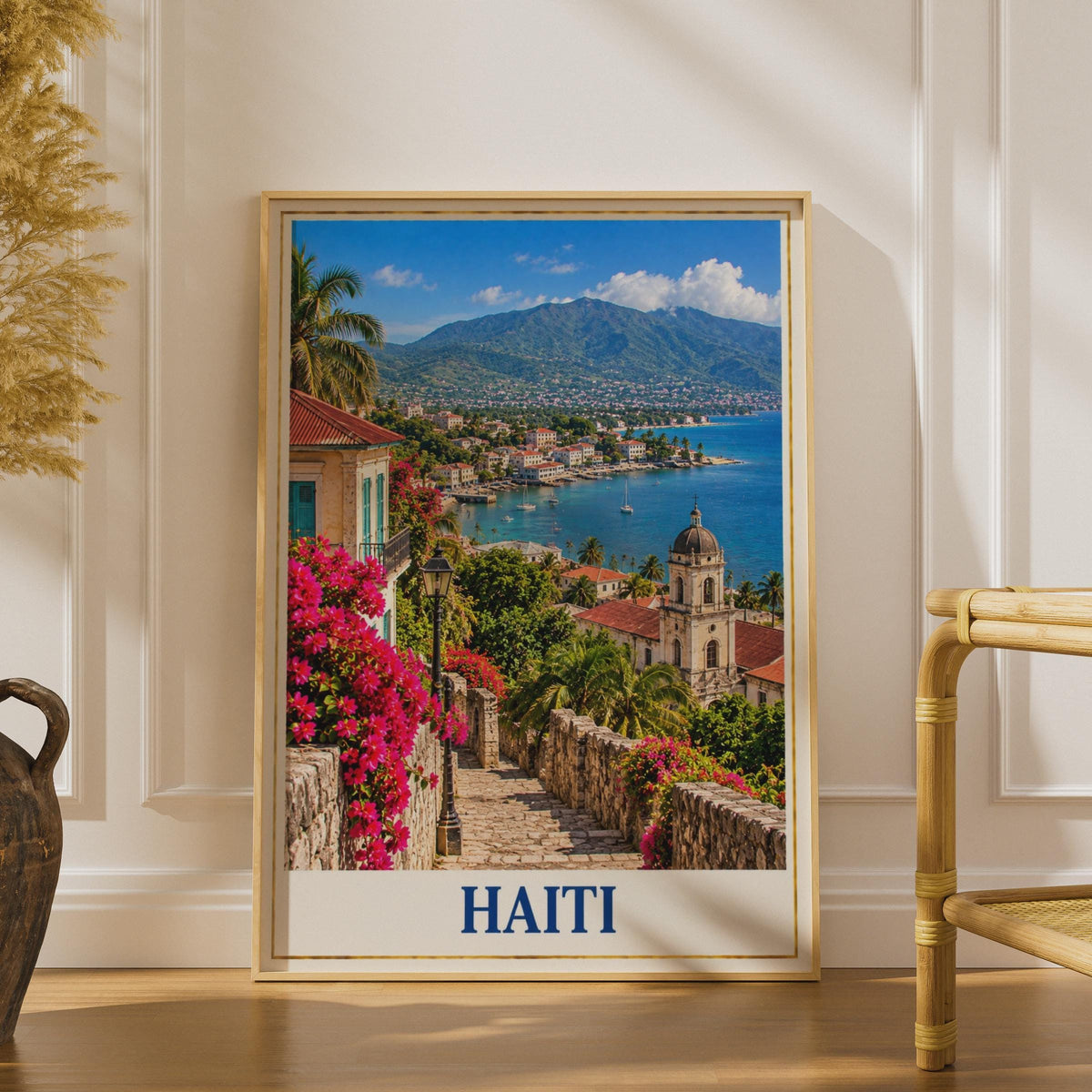 Haiti Travel Poster, Caribbean Coastal Town, Bougainvillea Cobblestone Street (Printed Poster)