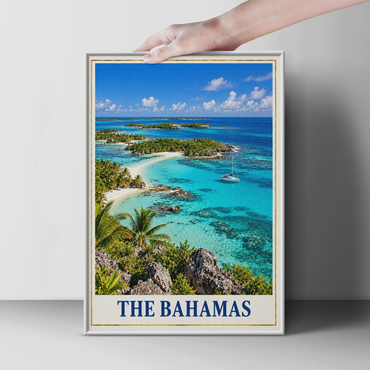 The Bahamas Travel Poster, Caribbean Island Wall Art, Tropical Beach Print, Turquoise Sea, Palm Tree Coastal Decor, Sailing H
