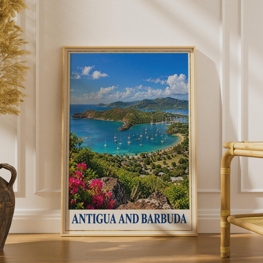 Antigua Barbuda Travel Poster, English Harbour Sailboats, Tropical Beach Art