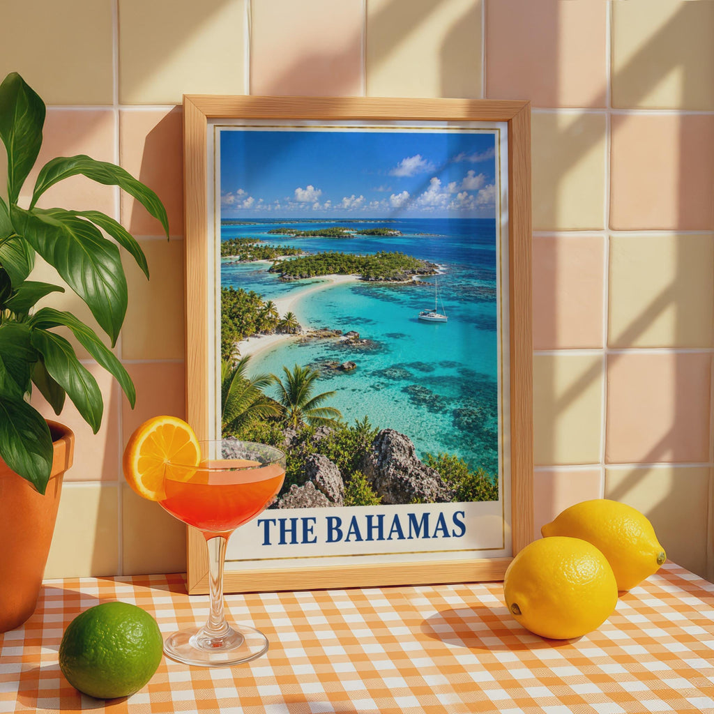The Bahamas Travel Poster, Caribbean Island Wall Art, Tropical Beach Print, Turquoise Sea, Palm Tree Coastal Decor, Sailing H
