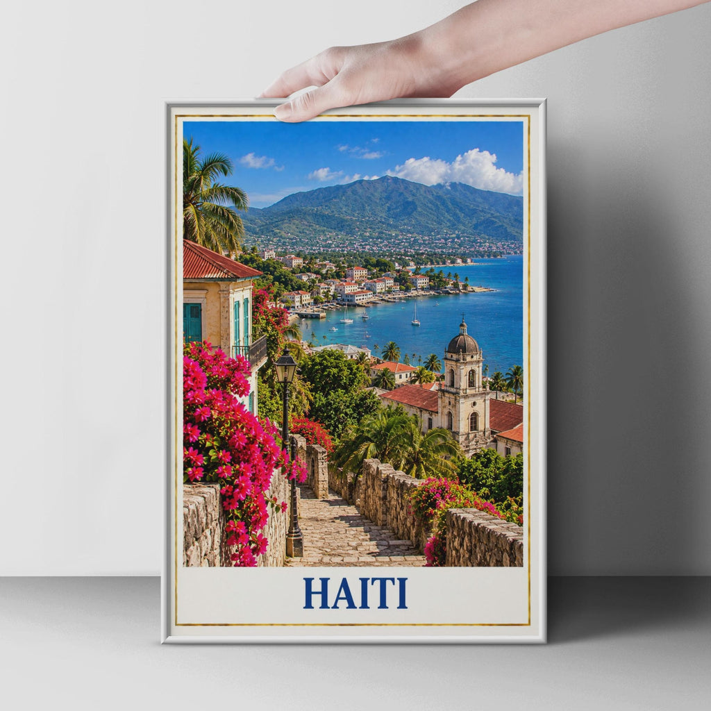 Haiti Travel Poster, Caribbean Coastal Town, Bougainvillea Cobblestone Street (Printed Poster)