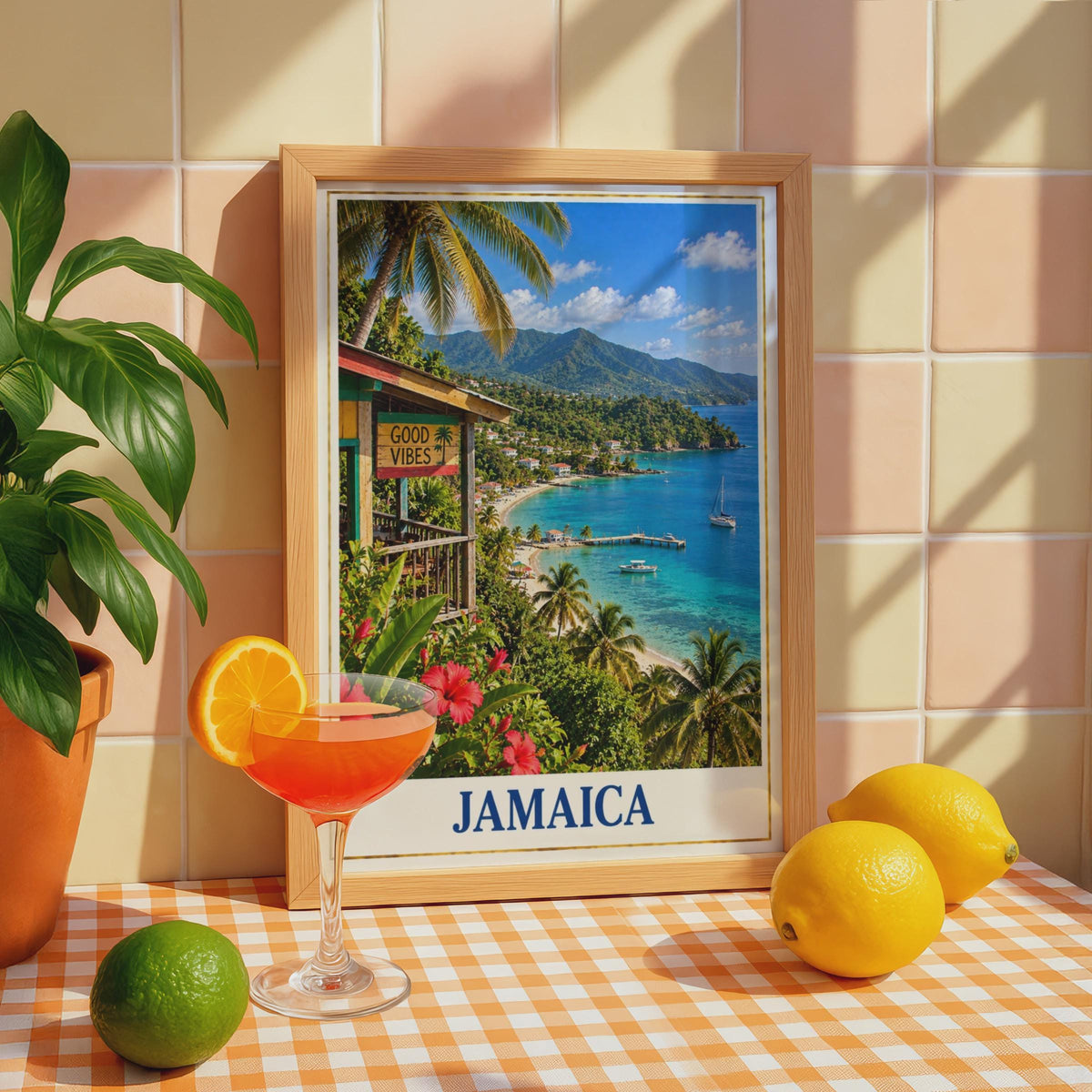 Jamaica Travel Poster, Good Vibes Caribbean Beach Wall Art, Tropical Island Print (Physical Print)
