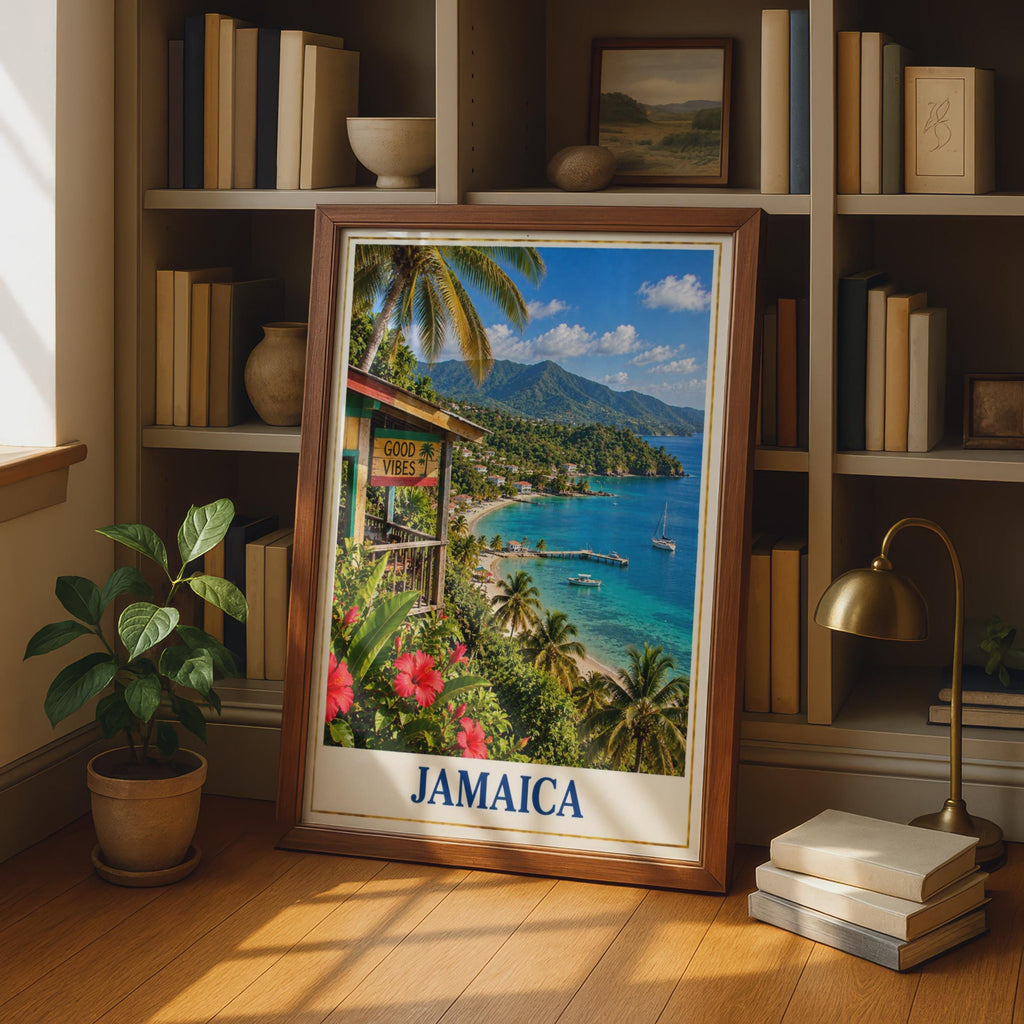 Jamaica Travel Poster, Good Vibes Caribbean Beach Wall Art, Tropical Island Print (Physical Print)